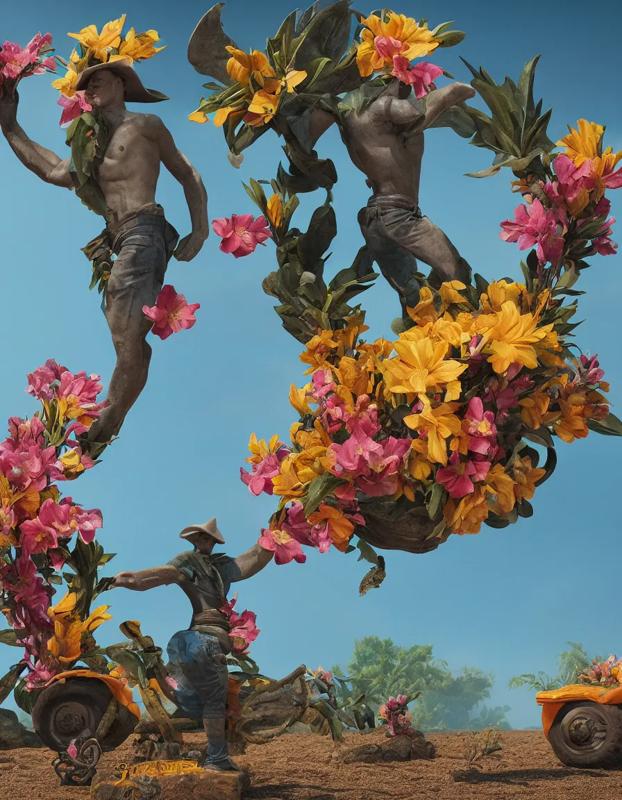 Image similar to a cowboy turning into blooms. tropical sea slugs, tractor tires. complementary colors. national geographic. 8 k, rendered in octane, smooth gradients. sculpture by antonio canova