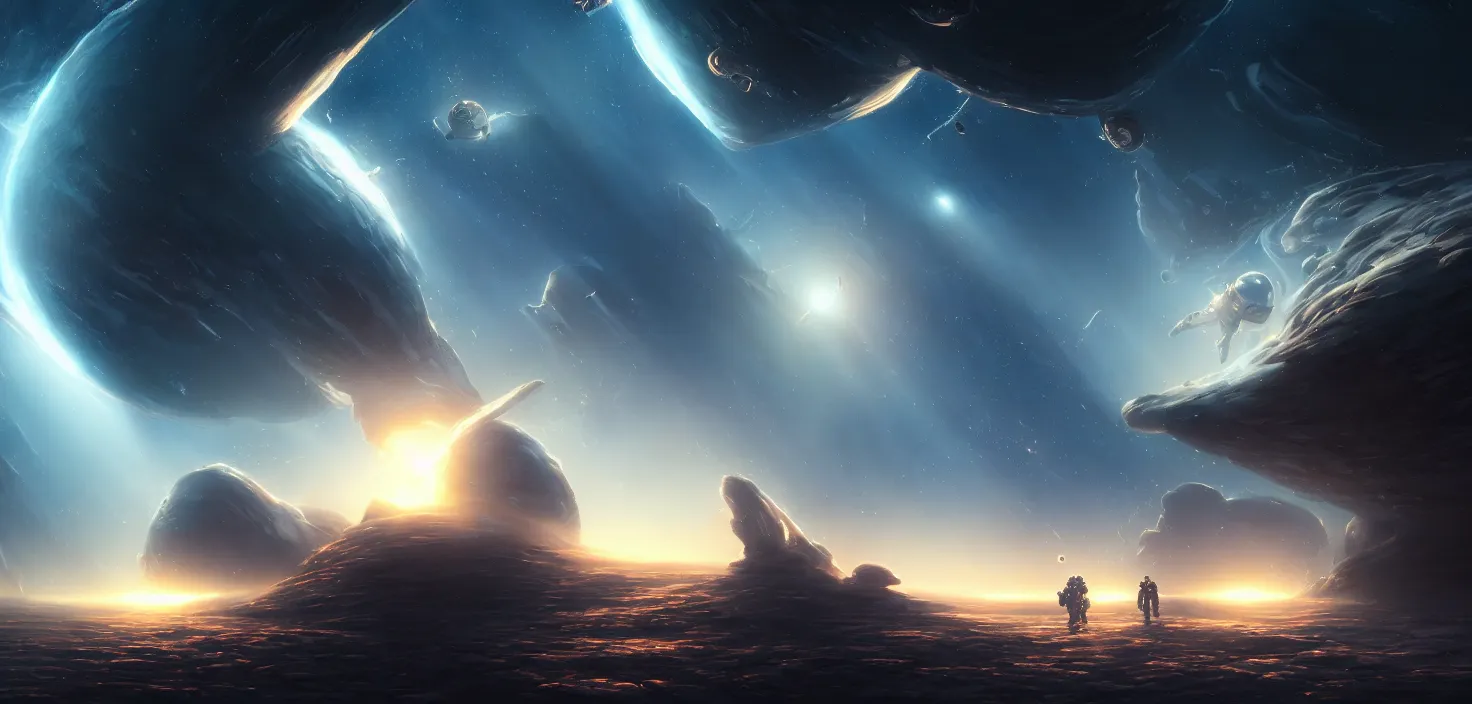 Prompt: astronaut cosmonaut discovery of new worlds of galaxies panorama, fantasy portal to far universe. astronaut space exploration, gateway to another universe, cinematic view, epic sky, detailed, concept art, low angle, high detail, warm lighting, volumetric, godrays, vivid, beautiful, trending on artstation, by jordan grimmer, huge scene, art greg rutkowski