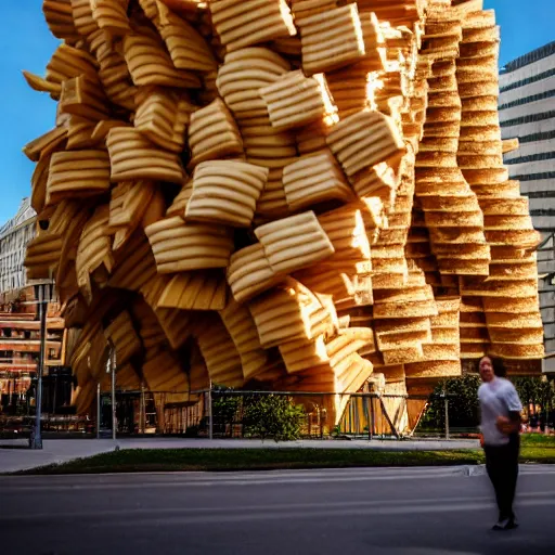 Image similar to a photo of a towering impressive building made of bread, cheese, and lunchmeat, dramatic lighting, bokeh, designed by frank gehry