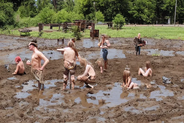 Prompt: hippies wallowing in a mud puddle