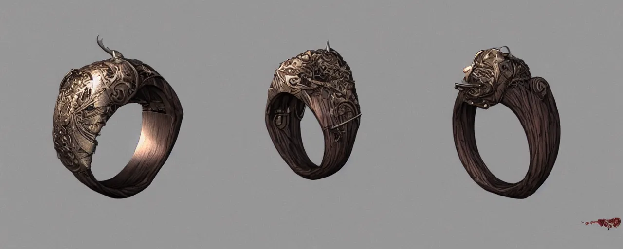 Image similar to wooden ring with a sword ornament, ring, wood, steel, sword, smooth shank, engravings, product design, jewelry, art by gerald brom, greg rutkowski and artgerm and james jean and zdzisław beksinski, 8 k, unreal engine, c 4 d