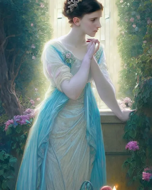 Image similar to a beautiful portrait painting of a shy, blushing princess in a tiara and an iridescent art nouveau gown resembling millie bobby brown watching the lantern festival, intricate, elegant, highly detailed, digital painting, artstation, concept art, by krenz cushart and artem demura and william adolph bouguereau and alphonse mucha