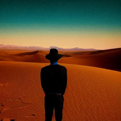 Image similar to photo of a man looking out across the desert, surreal style