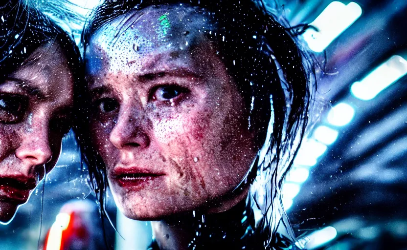 Image similar to cinestill 5 0 d candid photographic portrait by steven spielberg of two loving female androids sobbing wearing rugged black mesh techwear in treacherous waters, flooded city, medium closeup, retrofuturism cyberpunk moody emotional cinematic, pouring iridescent rain bright spotlight helicopter, 8 k, hd, high resolution, 3 5 mm, f / 3 2, ultra realistic faces, ex machina