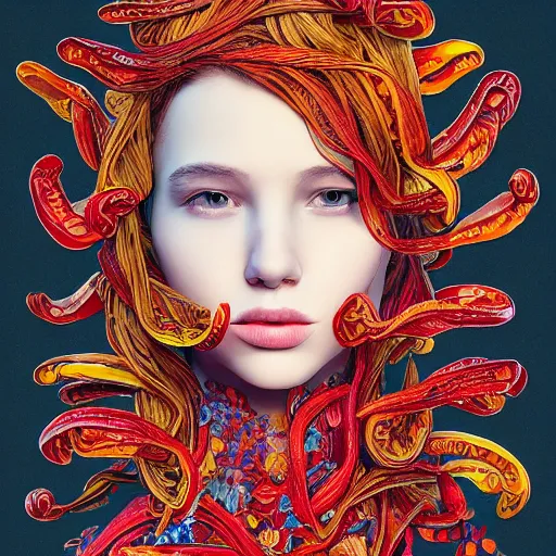 Prompt: the portrait of an unbelievably beautiful and sophisticated teen woman made up of peppers, an ultrafine detailed illustration by james jean, intricate linework, bright colors, final fantasy, behance contest winner, vanitas, angular, altermodern, unreal engine 5 highly rendered, global illumination, radiant light, detailed and intricate environment