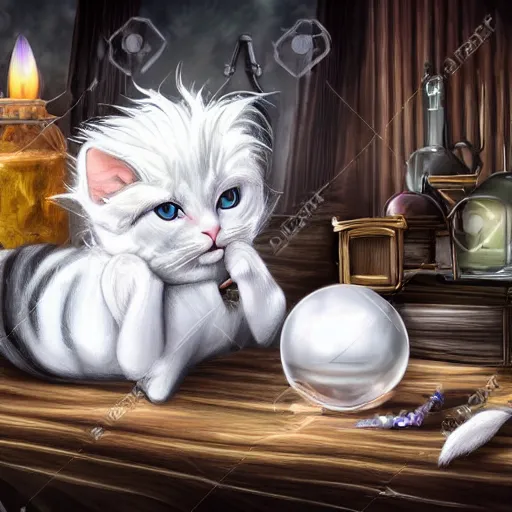 Prompt: a full body beautifull witch with white hair in an old room a cristal ball on wood table. with a potions and old instruments. on the floor a white cat licking his paw. in a fantasy style paiting