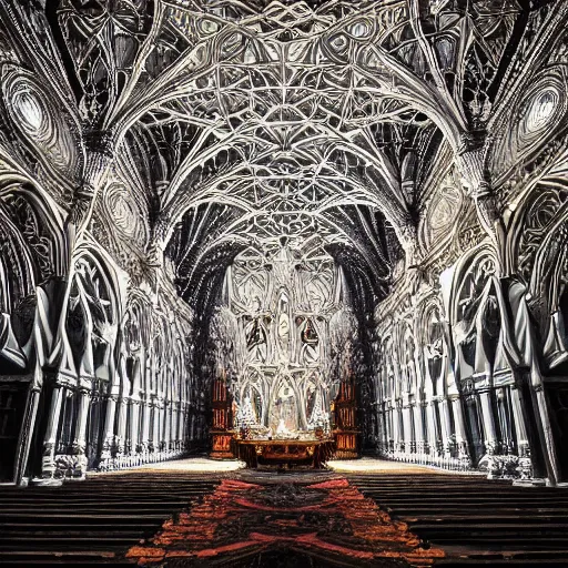 Image similar to a beautiful 3 d painting of a sprawling intricate cathedral populated by mandelbrot fractals by android jones, carved soap, white color scheme, unreal engine, volumetric lighting, dynamic lighting, dramatic lighting, high contrast, depth of field, carved marble, opalescent, sacred geometry, religious, angelic, catholicpunk, stark, trending on artstation