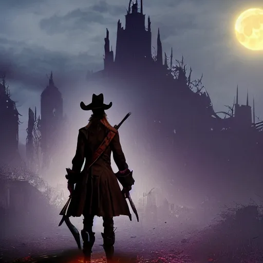 Image similar to a detailed 3 d render of darkwing duck dressed as the hunter from bloodborne, bloodborne, digital art, dark fantasy, concept art, soulslike, by alphonse mucha, blood moon eclipse, wherewolves in a ruined building in the background, artstation, 8 k, unreal engine render