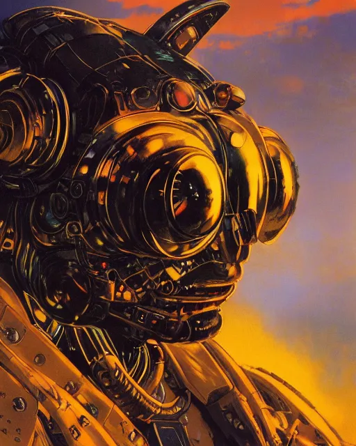 Prompt: closeup portrait of a cyborg cat, shattered glass, cinematic light, backlight, orange sky blue, mist, clouds, mecha, by mikhail vrubel, by philippe druillet, by peter elson, by gerald brom, muted colors, ( extreme detail ), trending on artstation, 8 k