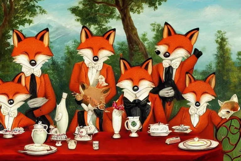 Image similar to anthropomorphic foxes wearing monocles and top hats at a tea party, style of kitsch art painting