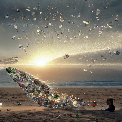 Image similar to tsunami of plastic bottles crashing on a beach, dim volumetric lighting, 8 k octane beautifully detailed render, post - processing, extremely hyper - detailed, intricate, epic composition, giant bananas natural disaster, cinematic lighting, masterpiece, trending on artstation, detailed detailed detailed, masterpiece, stunning art by anders zorn, wonderful masterpiece by greg rutkowski, beautiful cinematic light