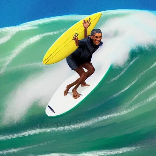 Prompt: barack obama surfing in rough surf holding a margarita, realistic, high detail, volumetric light, sharp focus, concept art, intricate details, highly detailed, 4 k