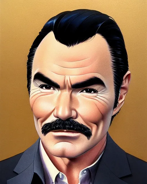 Prompt: portrait burt Reynolds. fine-face, pretty face, realistic shaded Perfect face, fine details. Anime. realistic shaded lighting by Ilya Kuvshinov katsuhiro otomo ghost-in-the-shell, magali villeneuve, artgerm, rutkowski, WLOP Jeremy Lipkin and Giuseppe Dangelico Pino and Michael Garmash and Rob Rey in official suit