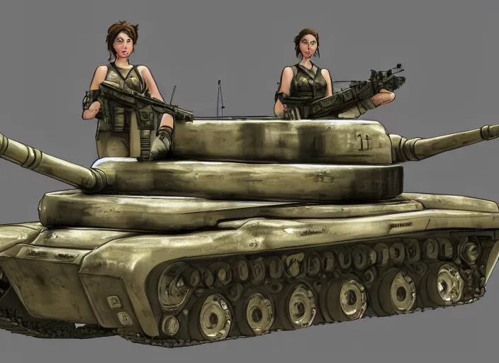 Prompt: Female tank crew posing triumphantly next to their tank, tankobon, trending on artstation, highly detailed