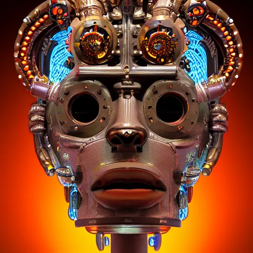 Image similar to portrait of a glossy claymodel of a steampunk aztec futuristic robot head, top of the head is a crown made of wires and multicolored glowing tubes, eyes are multicolored led screen, 8 k, front shot, symetrical, flourescent colors, halluzinogenic, multicolored, insanely detailed, 3 d render, octane