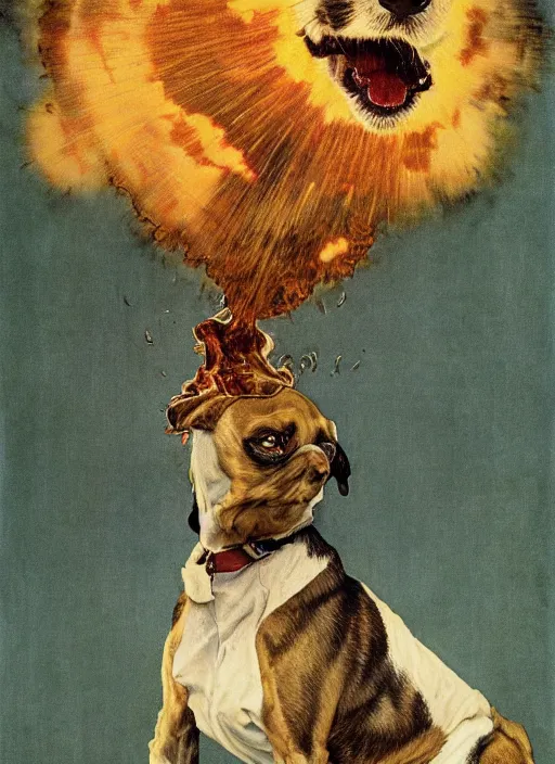 Image similar to a norman rockwell painting of an exploding dog