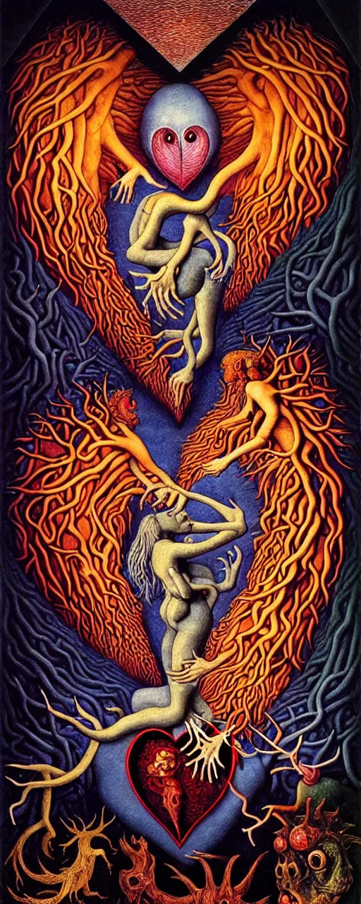 Image similar to mythical creatures and monsters in the visceral anatomical human heart imaginal realm of the collective unconscious, in a dark surreal mixed media oil painting by johfra, mc escher, dramatic lighting from inner fire