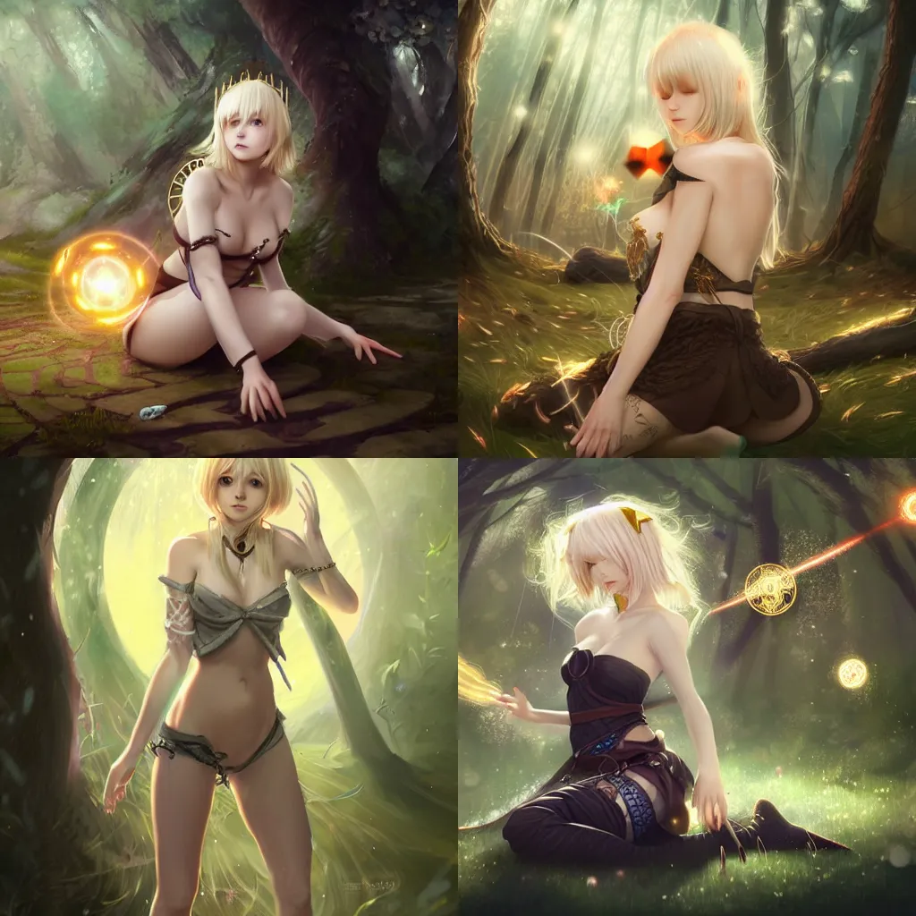 Prompt: a cute sorceress with short blonde hair, with many detailed sigils made of magical energy orbiting in circles over her body, protecting her as she crouches warily on a forest path, fantasy anime, digital painting by WLOP