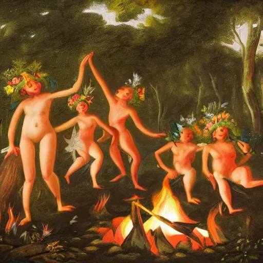 Image similar to painting of nymphs dancing around a campfire in the middle of the forest, happy, playful, joyful