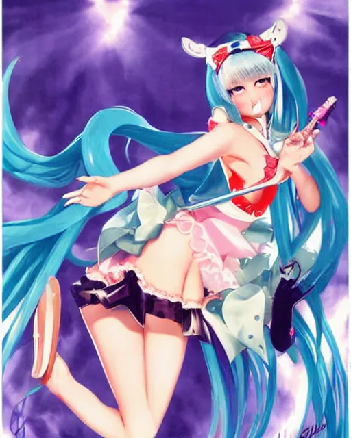 Prompt: Hatsune Miku pin-up poster by Gil Elvgren