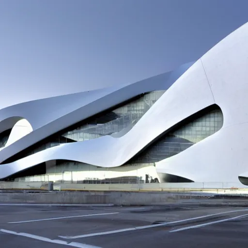 Image similar to raffaello moroder scissors building, external view, designed by zaha hadid, v ray, hd, futuristic