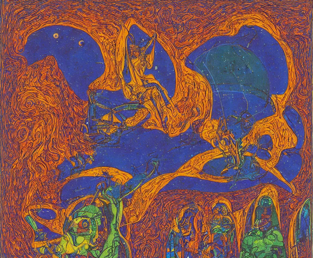 Image similar to spiritual ufo encounter, gouache, stylised, by mati klarwein and moebius