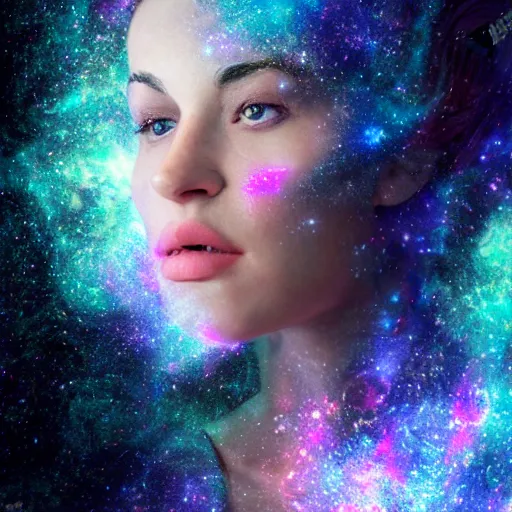 Image similar to woman portrait made out of galaxies floating in space, saturn, highly detailed, beautiful, realistic, epic comic book art, unreal engine, octane render