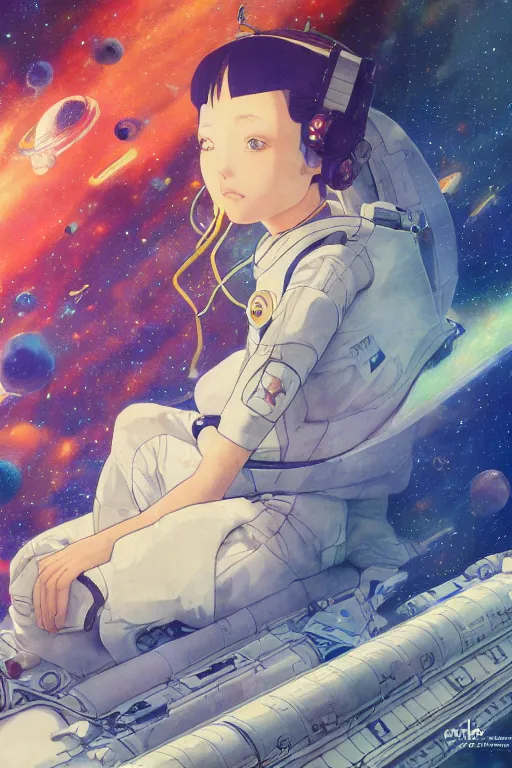 Prompt: portrait of a young astronaut girl waiting in a space station, last exile, yoshitoshi abe, art deco, loish, murata range, synthwave, cosmic, studio lighting, manga, anime, vibrant colors, beautiful, dreamy, gradation, gustav klimt, makoto shinkai, ((space nebula background))