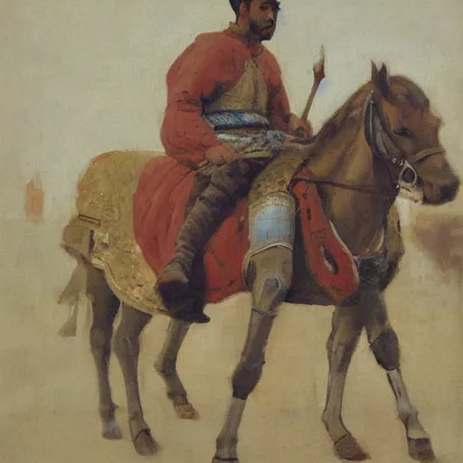 Image similar to portrait of man waring chinmail and gambeson, holding lance and sitting on horse wearing caparisons, medieval by greg manchess, bernie fuchs, walter everett, lost edges