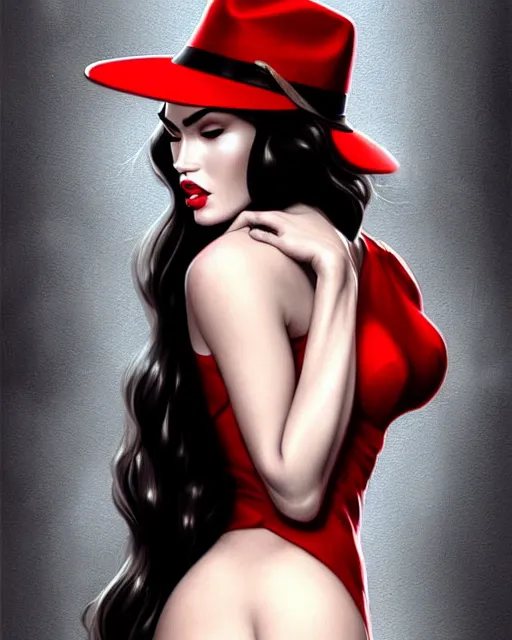 Prompt: megan fox with heavy eye makeup, fedora hat and red dress, seductive lingeries, intricate, glamorous pose, sharp focus, illustration, highly detailed, digital painting, concept art, art by wlop and artgerm and ross tran, masterpiece, red and white and black colors, charlie bowater, loish