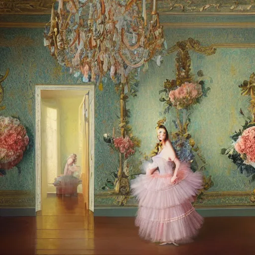 Prompt: a woman standing in a room with flowers in a vase, a photorealistic painting by elizabeth polunin, trending on cgsociety, art photography, national geographic photo, hall of mirrors, rococo