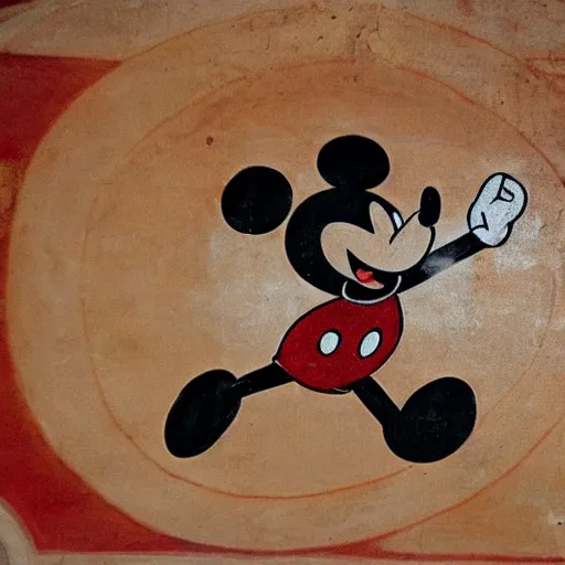 Prompt: Ancient mural painting representing Mickey Mouse