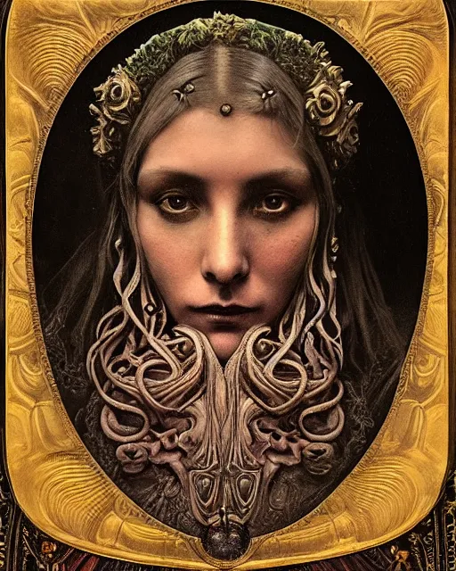 Image similar to daguerreotype hyperrealistic detailed face side portrait of the beautiful cthulhu priestess adorned with curse jewels and ceremonial robes, tintype art by ernst haeckel, john william godward, android jones, alphonso mucha, h. r. giger, gothic - cyberpunk, ornamental, beautiful deep colours, ambrotype