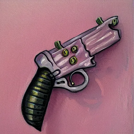 Image similar to lovecraftian pistol, light pink, Japanese style, cute, oil painting