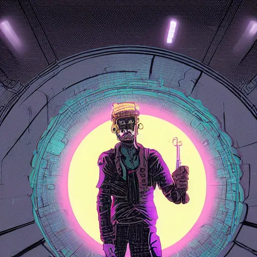 Prompt: in the style of max prentis and deathburger and laurie greasley a young wearing a cyberpunk headpiece who is standing infront of a large circular ancient glowing portal, highly detailed, 8k wallpaper