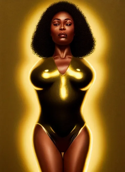 Image similar to a gorgeous black woman oil painting, soft lighting, wearing shiny gold catsuit, illuminated only by floating, glowing alien symbols, realistic, smooth face, perfect eyes, wide angle, sharp focus on eyes, 8 k high definition, insanely detailed, intricate, elegant, art by artgerm, livia prima and wlop