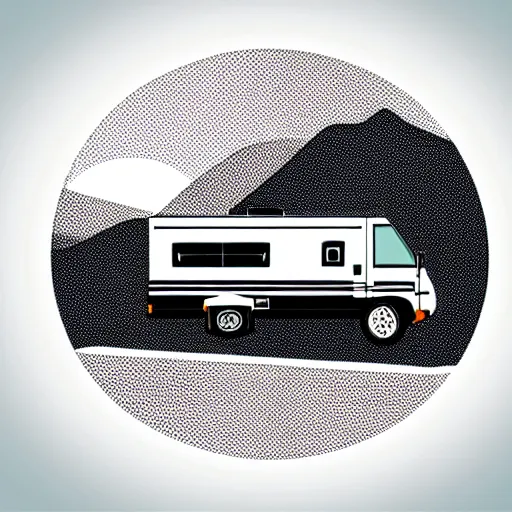 Image similar to very very very minimal vector graphic of a white and black cute thor chateau motorhome camper, color highway, mountains and sunset!!, all enclosed in a circle, white background, happy, professional minimal graphic design cartoon, award winning