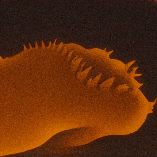 Prompt: enormous bioluminescent nudibranch kaiju attacking a city in a salt plain golden hour by David Lynch 35mm film grain