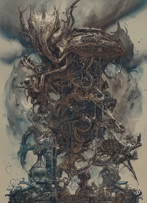 Image similar to a full page concept designs of extraterrestrial dark creature concept art, steampunk blueprint, intricate details, ink on paper, scientific, Highly detailed labeled, poster, Peter Mohrbacher