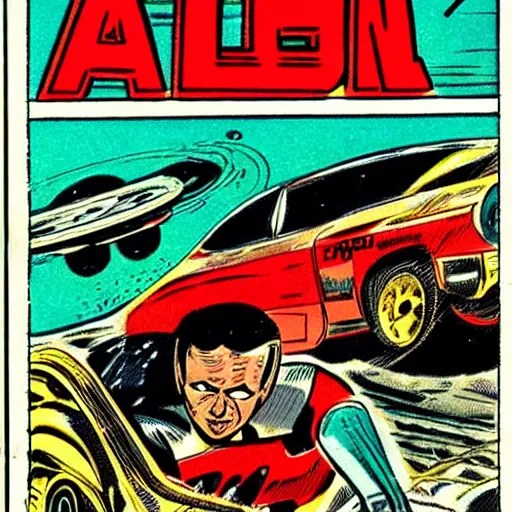 Prompt: alien racing drivers, space, comic, racers, retro, 70s, comic book