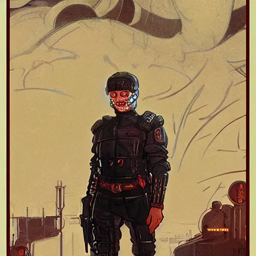 Prompt: portrait of rubbery albino mutant with moist skin, huge black eyes and determined expression, wearing fascist Byzantine police uniform and standing on cyberpunk docks, Dune concept art by Anato Finnstark, Alphonse Mucha, and Greg Rutkowski