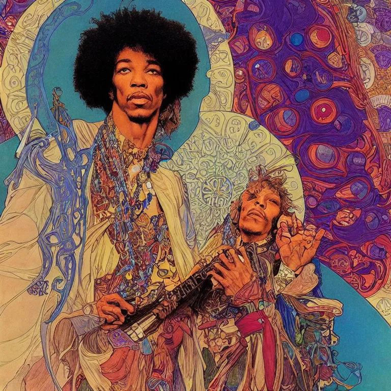 Image similar to colorfull artwork by Franklin Booth and Alphonse Mucha and Moebius showing a portrait of Jimi Hendrix as a futuristic space shaman