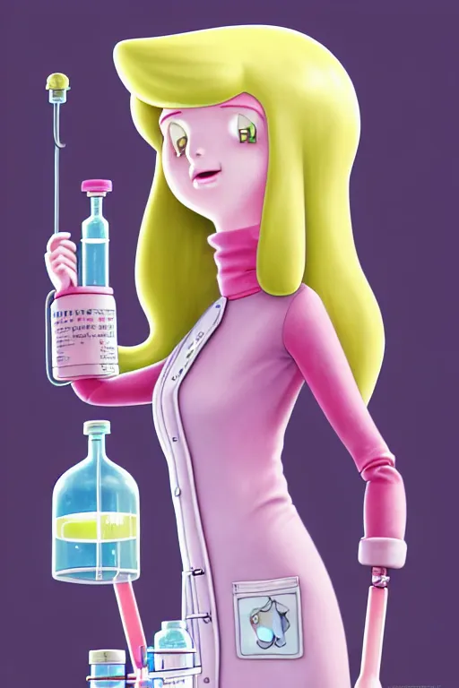 Image similar to highly detailed, industrial photography, profile view of adult princess bubblegum from adventure time, working in her science lab, wearing lab coat, long bubblegum hair, long straight bangs, confident, beautiful, attractive, illustration concept art by nicoletta ceccoli, mark ryden, lostfish, detailed and intricate environment, 8 k resolution, hyperrealistic, octane render