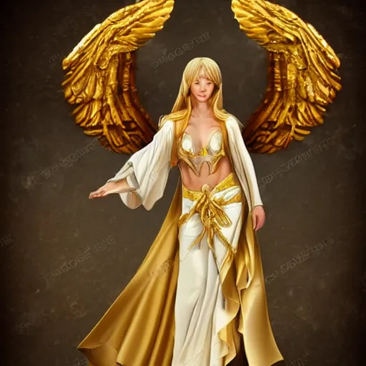 Prompt: tall female angel, flowing robes, ornate golden armor, WLOP