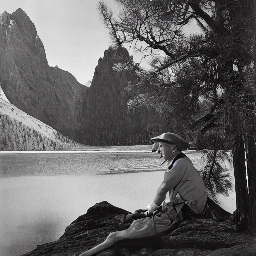 Image similar to a portrait of a character in a scenic environment by Ansel Adams