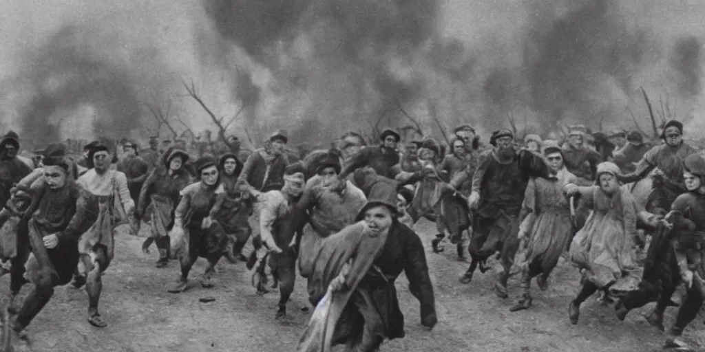 Image similar to villagers running from huge medieval fantasy town that is on fire, 1 9 1 0 s film scene
