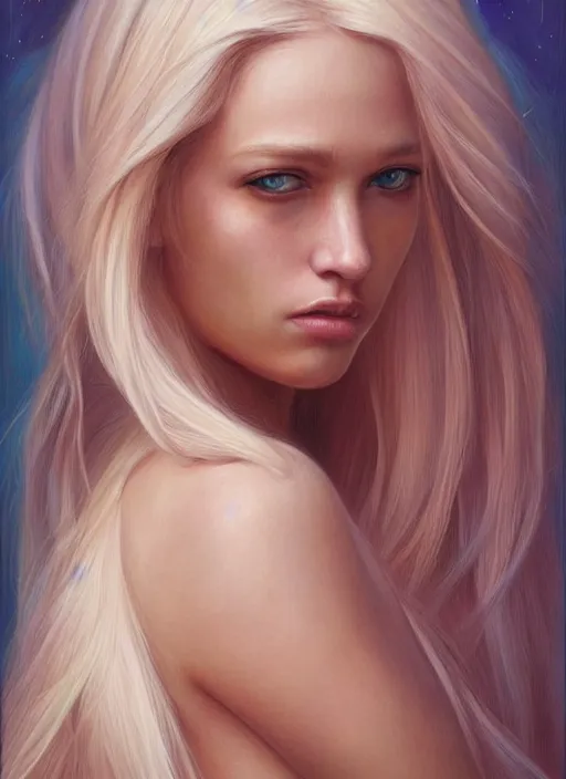 Prompt: a painting of a beautiful woman with long blonde hair, a photorealistic painting by magali villeneuve, featured on cgsociety, fantasy art, detailed painting, photorealistic