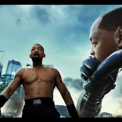 Image similar to will smith fighting a giant will smith visually stunning, cinematic, ultra realistic, hyper realism, 1 2 k, epic