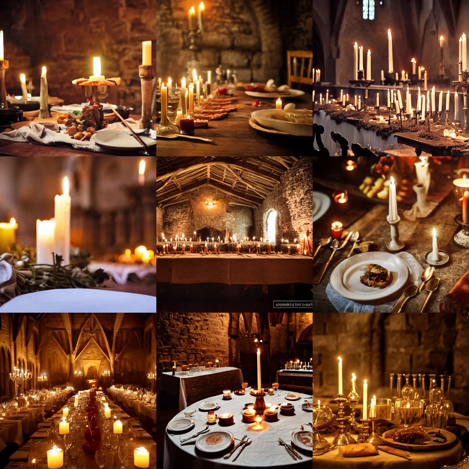 Prompt: medieval feast, castle great hall, food, candles, moody, hazy, table, photo
