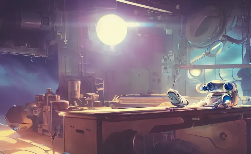 Image similar to an robotic space cat sleeping on a mechanics workbench in a spaceport in a synthwave outrun ghibli animated film, volumetric lighting, octane render, greg rutkowski, studio ghibli, alphonse mucha, loish, highly detailed, warm lighting, lens flare